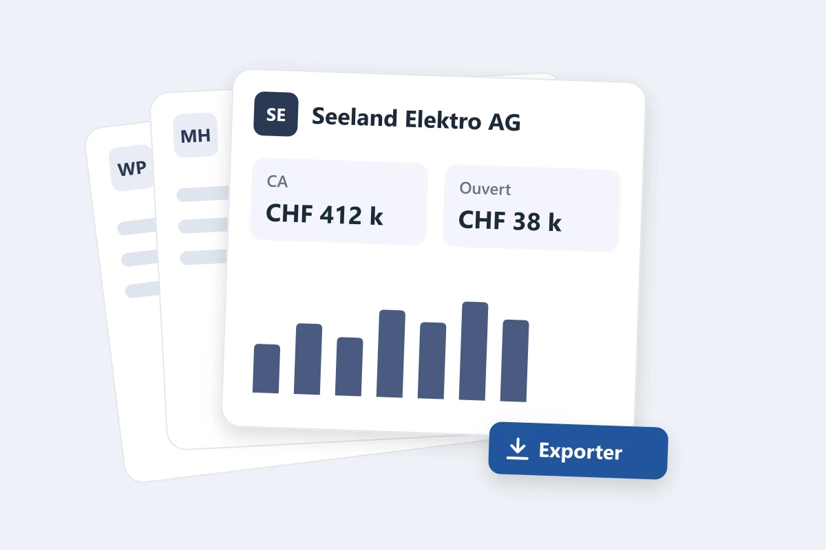 Rapports de plusieurs mandants superposés, celui du premier plan avec un bouton Exporter